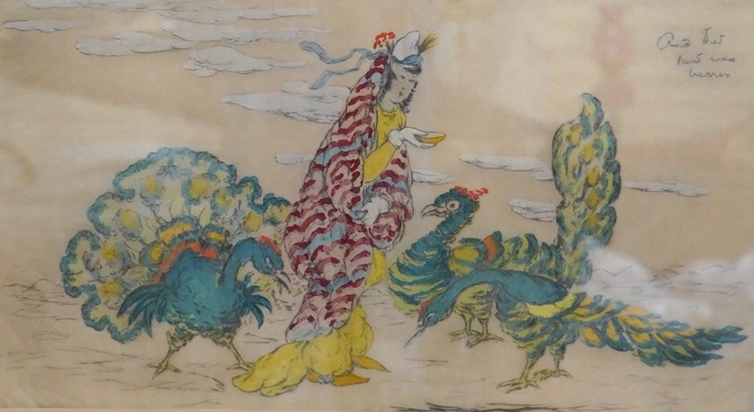 Elyse Ashe Lord (1900-1971), colour drypoint etching, Robed figure amongst peacocks, signed in pencil with personalised inscription, 27 x 46cm. Condition - fair